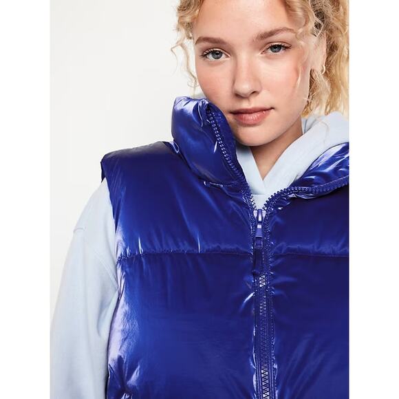 Old Navy Womens Blue Zip Water Resistant Shiny Quilted Puffer Vest Coat Jacket S - Picture 2 of 7